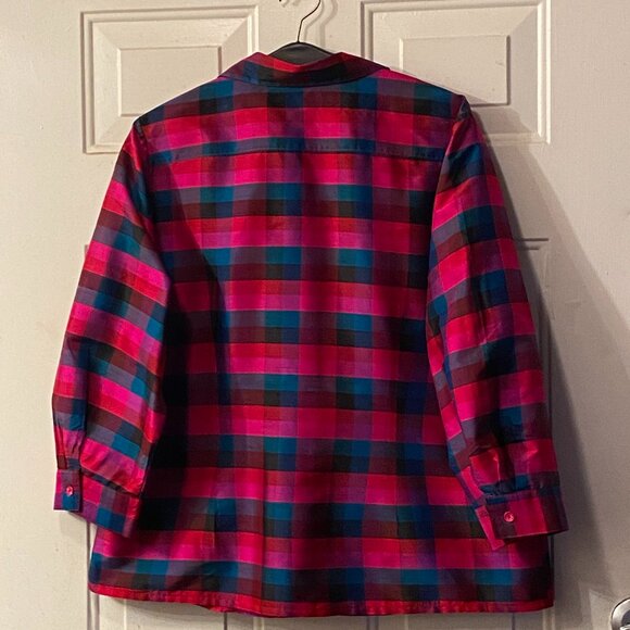 VTG Cactus Flower Sz L Womens Silk Blouse Shirt 3/4 Sleeve Pink/Teal/Black Check - Picture 6 of 9